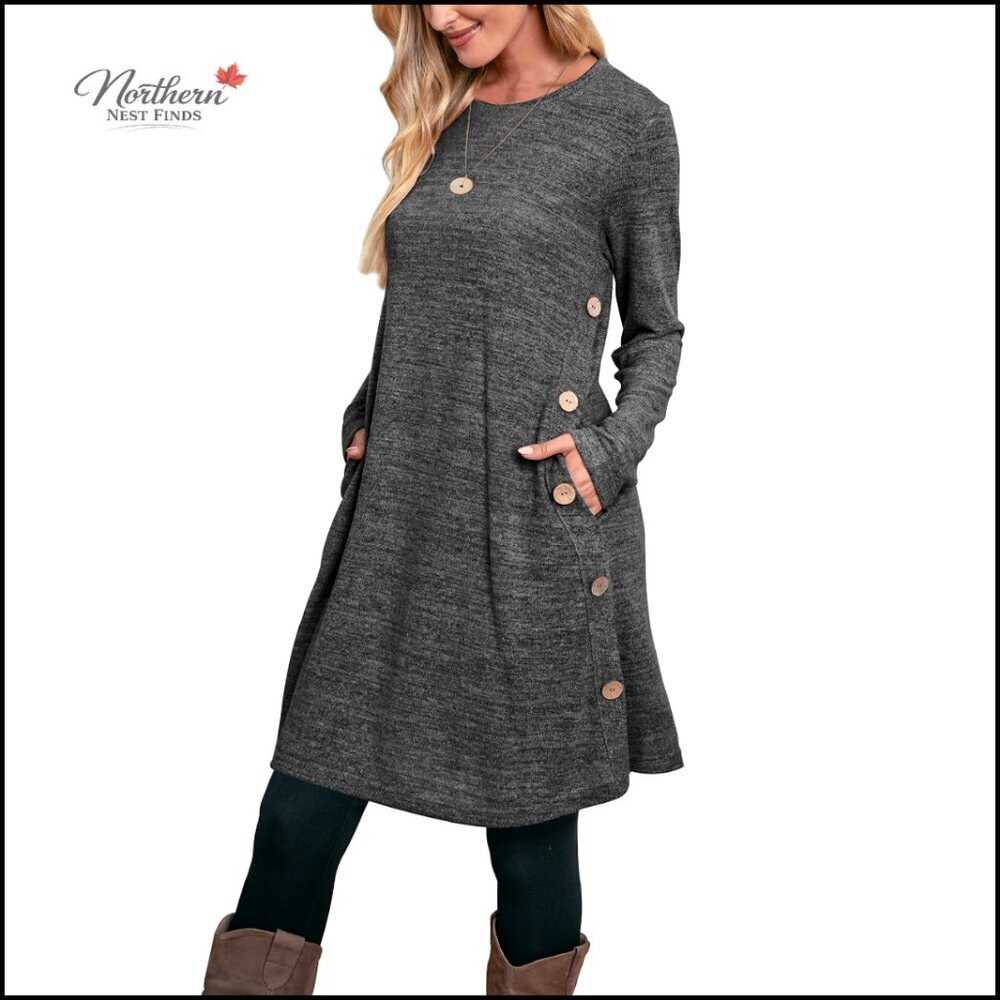 Long Sleeve Casual Dress with Pockets and Side Buttons